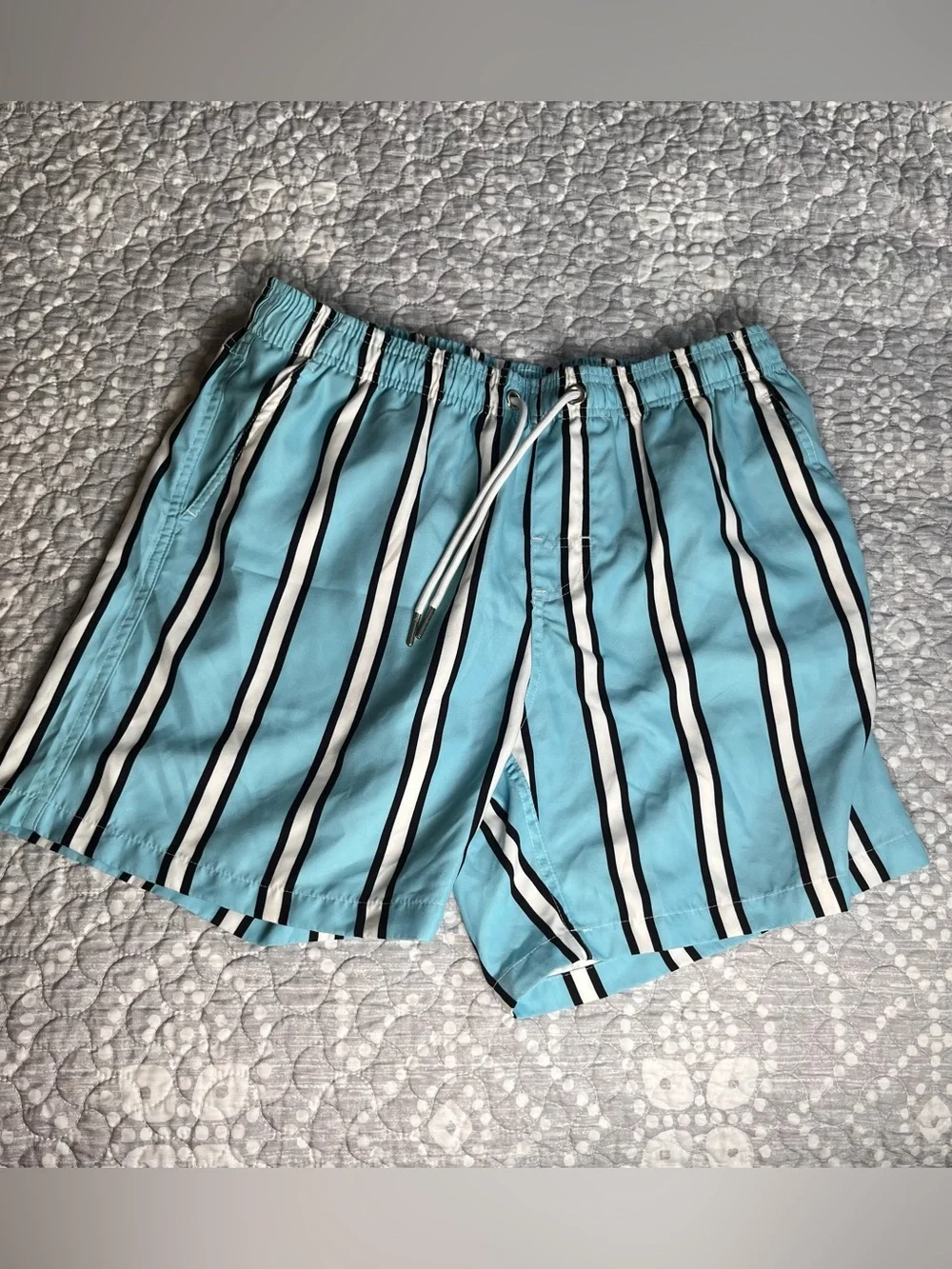 Vacay Swimwear Blue Vertical-Stripe Men's Swim Trunks, size large, 5 inch inseam